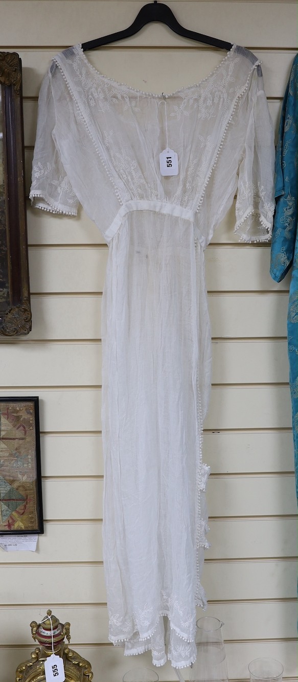 A late 19th early / 20th century fine muslin ladies summer dress, with a white worked bodice trimmed with fine bobbling edge and side slit